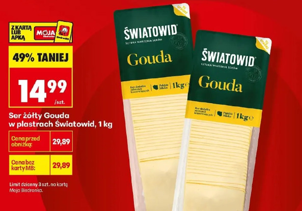 Ser żółty Gouda w plastrach Światowid, 1 kg