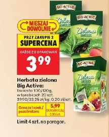 Herbata zielona Big-Active liściasta 100/120 g, w torebkach 20/25 torebek