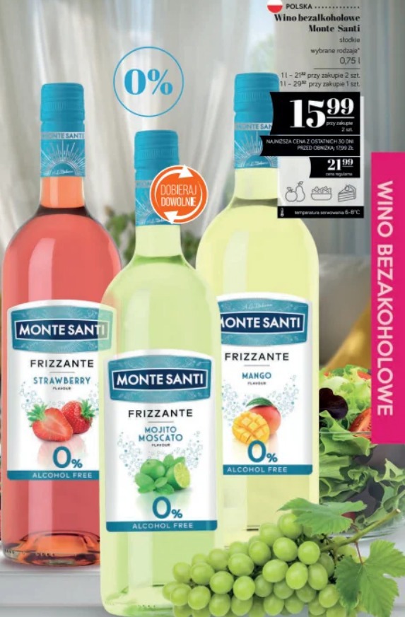 Wino bezalkoholowe Monte Santi słodkie wybrane rodzaje