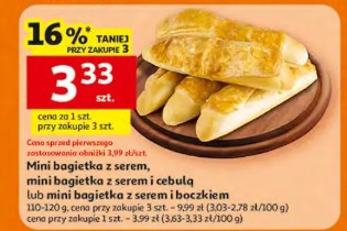 Mini bagietka z serem, mini bagietka z serem i cebulą lub mini bagietka z serem i boczkiem