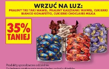 Praliny Tiki Taki Wawel, praliny Kasztanki Wawel, cukierki Bianco Konafetto, cukierki Choclairs Milka