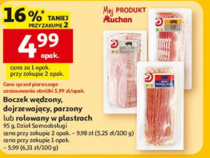 Boczek wędzony dojrzewający parzony lub rolowany w plastrach Auchan