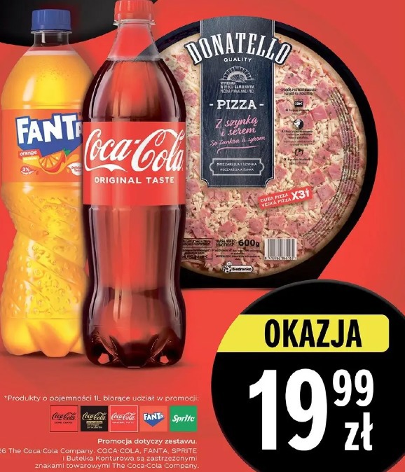 Coca-Cola 1l i dowolna pizza marki Donatello 600g