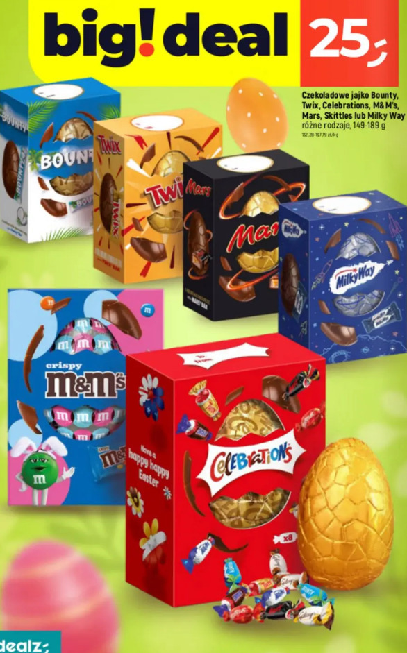 Czekoladowe jajko Bounty, Twix, Celebrations, M&M's, Mars, Skittles lub Milky Way