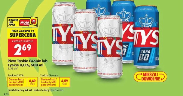 Piwo Tyskie Gronie lub Tyskie 0,0%, 500 ml