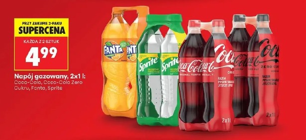 Napój gazowany, 2x1 l: Coca-Cola, Coca-Cola Zero Cukru, Fanta, Sprite