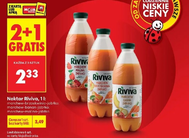 Nektar Riviva marchew-brzoskwinia-jabłko; marchew-banan-jabłko; marchew-malina-jabłko