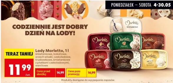 Lody Marletto, 1l śmietankowe, bakaliowe, orzech włoski, czekoladowe, truskawkowe, śmietankowe z płatkami czekoladowymi, waniliowe