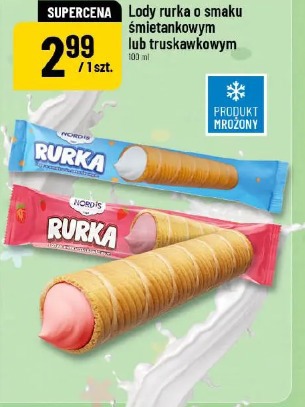 Lody rurka o smaku śmietankowym lub truskawkowym
