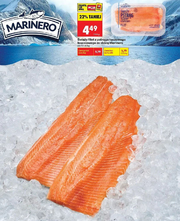 Świeży filet z pstrąga tęczowego łososiowego ze skórą Marinero