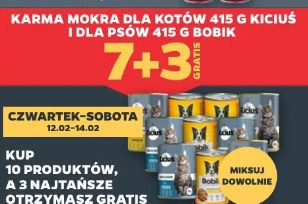 Karma mokra dla kotów 415 g Kiciuś i dla psów 415 g Bobik 7+3 gratis