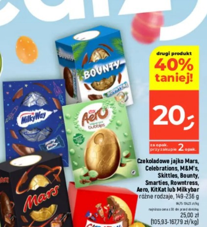 Czekoladowe jajko Mars, Celebrations, M&M's, Skittles, Bounty, Smarties, Rowntress, Aero, KitKat lub Milkybar