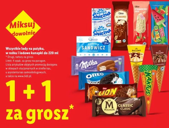 Wszystkie lody na patyku, w rożku i lodowe kanapki do 220 ml