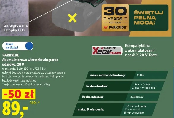 Parkside Akumulatorowa wiertarkowkrętarka udarowa, 20 V