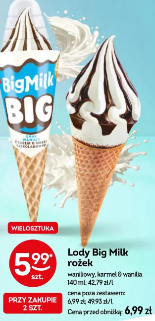 Lody Big Milk rożek waniliowy, karmel & wanilia