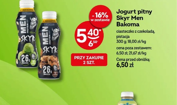 Jogurt pitny Skyr Men Bakoma ciasteczko z czekoladą, pistacja