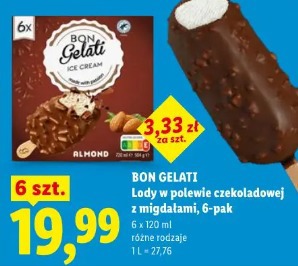Bon Gelati Lody w polewie czekoladowej z migdałami, 6-pak