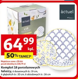 Komplet 18 porcelanowych talerzy, 6 deserowych śr.: 19 cm, 6 talerzy głębokich śr.: 20 cm, 6 obiadowych śr.: 26 cm