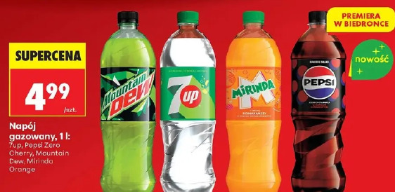 Napój gazowany 7up, Pepsi Zero Cherry, Mountain Dew, Mirinda Orange