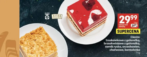 Ciasto: truskawkowe z galaretką, brzoskwiniowe z galaretką, sernik ryska, orzechowiec, chatłowe, karmelatka