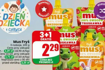 Mus Fryś 100% owoców truskawka jabłko/brzoskwinia jabłko/mus 100% owoców brzoskwinia jabłko