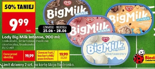 Lody Big Milk Intense czekolada, śmietankowa, maślane ciasteczka, truskawkowa