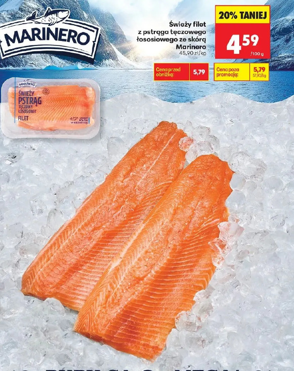 Świeży filet z pstrąga tęczowego łososiowego ze skórą Marinero