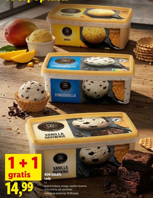 BON GELATI Lody orzech laskowy, mango, wanilia-brownie, stracciatella lub waniliowe