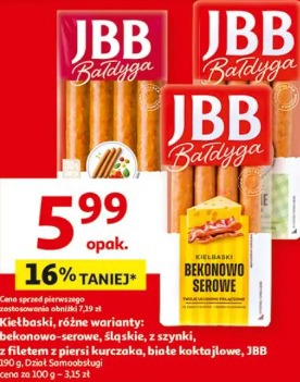 Kiełbaski, różne warianty: bekonowo-serowe, śląskie, z szynki, z filetem z piersi kurczaka, białe koktajlowe, JBB