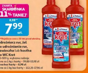 Udrożniacz rur, żel do udrożniania rur, zawieszka lub kostka do WC Kret