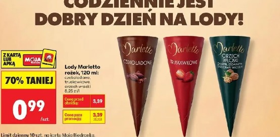 Lody Marletto rożek, 120 ml: czekoladowe, truskawkowe, orzech włoski