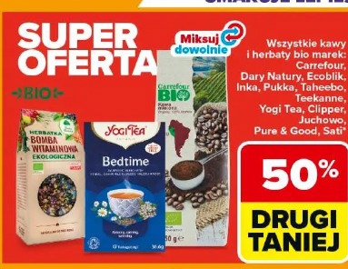 Wszystkie kawy i herbaty bio marek: Carrefour, Dary Natury, Ecolibik, Inka, Pukka, Teekanne, Yogi Tea, Clipper, Juchowo, Pure & Good, Sati