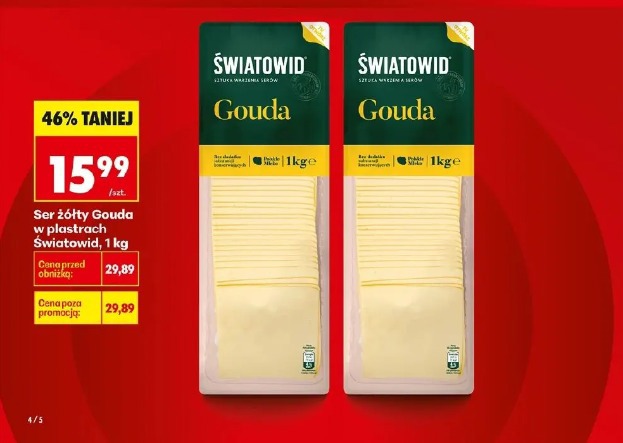 Ser żółty Gouda w plastrach Światowid, 1 kg