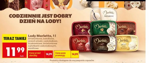 Lody Marletto śmietankowe, bakaliowe, orzech włoski, czekoladowe, truskawkowe, śmietankowe z płatkami czekoladowymi, waniliowe