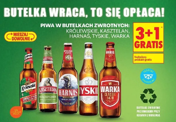 Piwo w butelkach zwrotnych: Królewskie, Kasztelan, Harnaś, Tyskie, Warka