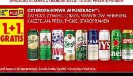 Czteropaki piwa w puszkach: Żatecky, Żywiec, Łomża, Namysłów, Heineken, Kasztelan, Prem, Tyskie, Staropramen