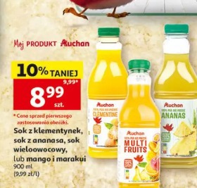 Sok z klementynek, sok z ananasa, sok wieloowocowy, lub mango i marakui Auchan