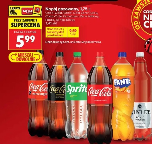 Napój gazowany Coca-Cola, Coca-Cola Zero Cukru, Coca-Cola Zero Cukru Zero Kofeiny, Fanta, Sprite, Kinley