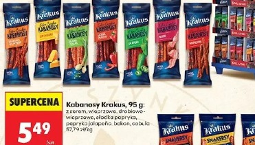 Kabanosy Krakus z serem, wieprzowa, drobiowo-wieprzowa, słodka papryka, papryka jalapeno, bekon, cebula