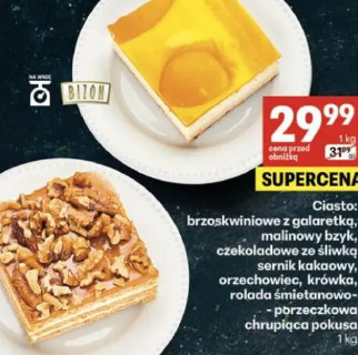 Ciasto: brzoskwiniowe z galaretką, malinowy bzyk, czekoladowe ze śliwką, sernik kakaowy, orzechowiec, krówka, rolada śmietanowo-porzeczkowa, chrupiąca pokusa