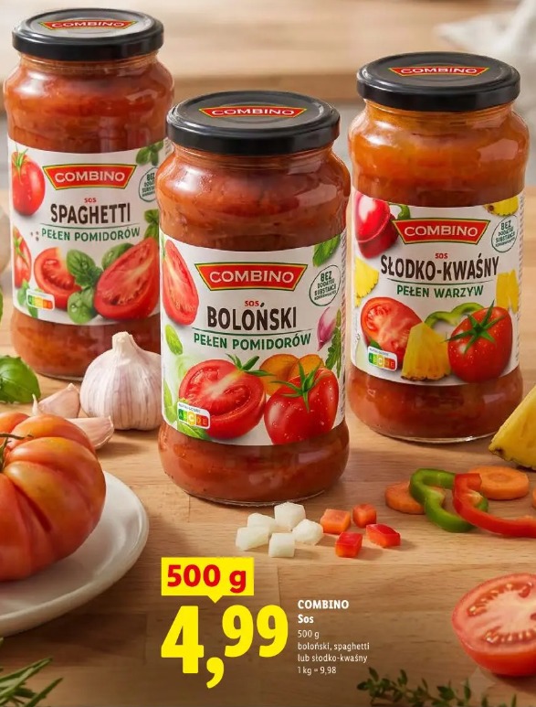 Combino sos boloński, spaghetti lub słodko-kwaśny pełen pomidorów/warzyw