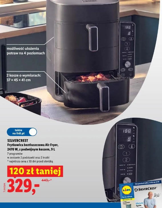 Silvercrest Frytkownica beztłuszczowa Air Fryer, 2470 W, z podwójnym koszem, 9 L