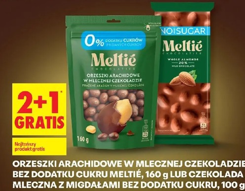 Orzeszki arachidowe w mlecznej czekoladzie bez dodatku cukru Meltie lub czekolada mleczna z migdałami bez dodatku cukru Meltie