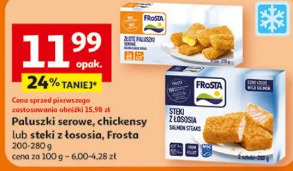 Paluszki z filetem z łososia, stek z łososia Frosta