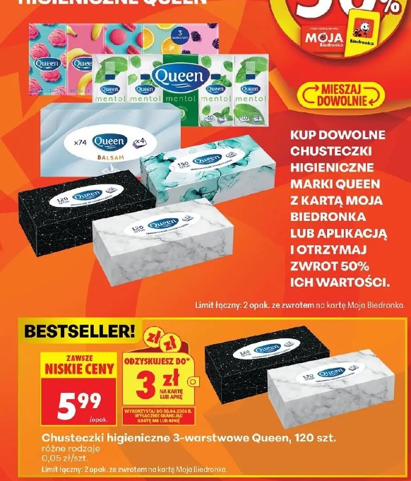 Chusteczki higieniczne 3-warstwowe Queen