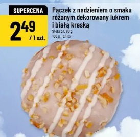 Pączek z nadzieniem o smaku różanym dekorowany lukrem i białą kreską