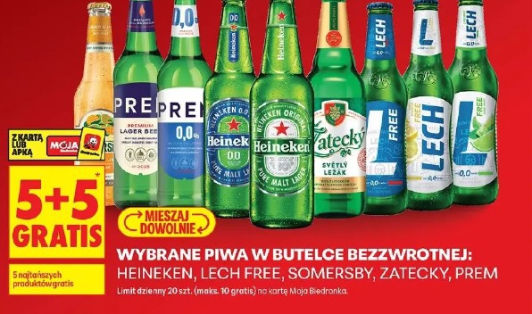 Wybrane piwa w butelce bezzwrotnej: Heineken, Lech Free, Somersby, Zatecky, Prem