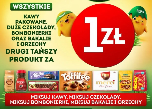 Wszystkie kawy pakowane, duże czekolady, bombonierki oraz bakalie i orzechy