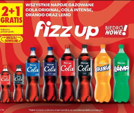 Wszystkie napoje gazowane Cola Original, Cola Intense, Orango oraz Lemo Fizz Up