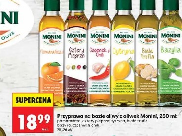 Monini przyprawa na bazie oliwy z oliwek pomarańcza, cztery pieprze, cytryna, biała trufla, bazylia, czosnek & chili